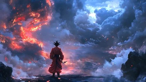 Figure in red observes contrasting fiery and blue storm clouds