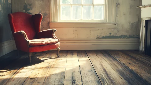Red armchair in worn sunlit room with wooden floor.