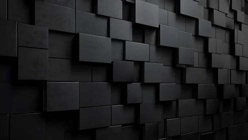 Layered black 3D square panels forming abstract wall.