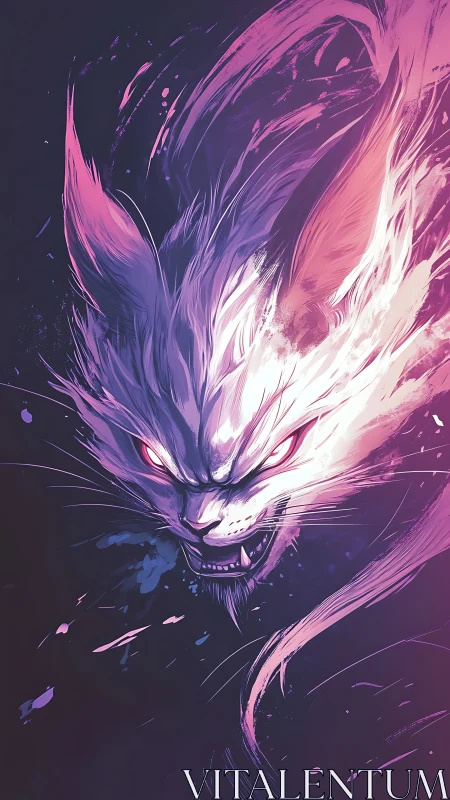 Ferocious neon spirit cat erupts from swirling cosmic flames