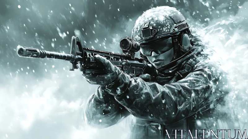 Soldier Braves the Storm with Rifle Ready