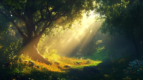 Golden morning sunlight sparkling in a quiet forest glade.