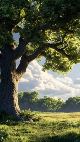 Sunlit oak tree casts serene shade over quiet meadow.