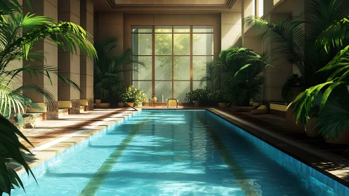 Sunlit indoor lap pool framed by lush architectural greenery