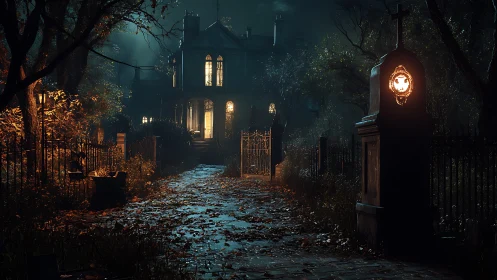 Haunted manor path under moonlit fog and flickering lanterns.