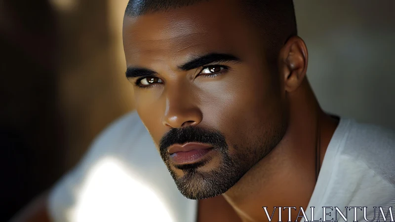 Intense male portrait under soft directional lighting.