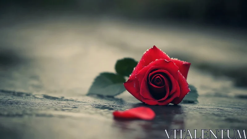 Red rose lies on wet surface with shallow depth of field