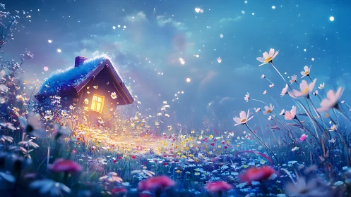 Cozy starlit cottage nestled in a glowing wildflower dream.