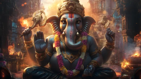 Radiant Ganesha throne in emberswept temple sanctuary.