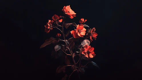 Red flowers against dark background with botanical foliage