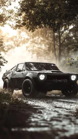 Modified off-road muscle car driving on muddy forest track.