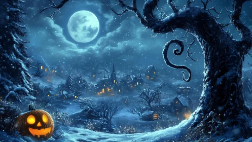 Snowy Halloween village under full moon and jack o lantern.