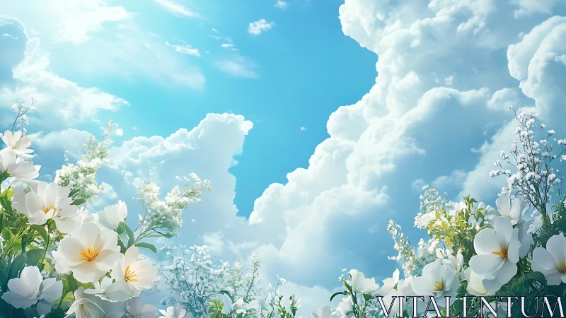 Ethereal Floral Composition Against Azure Sky with Cumulus Formation