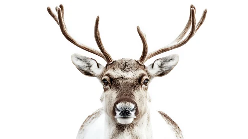 Serene reindeer portrait stands in crisp high-key winter light