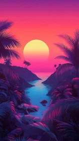 Neon tropical canyon river reflects stylized sunset glow