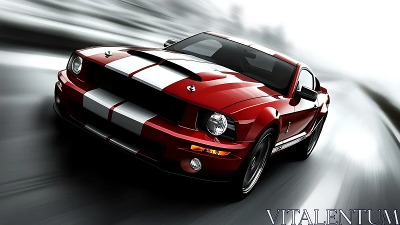 Red performance coupe accelerates through motion-blurred highway