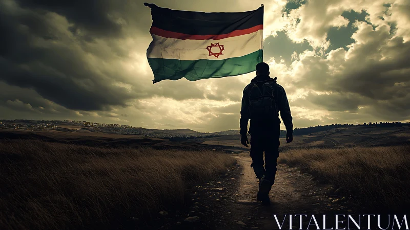 Lone traveler walks beneath a wind-torn national flag.