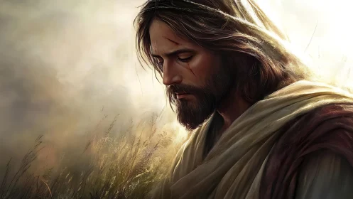 Gentle robed figure in quiet prayerful morning light.