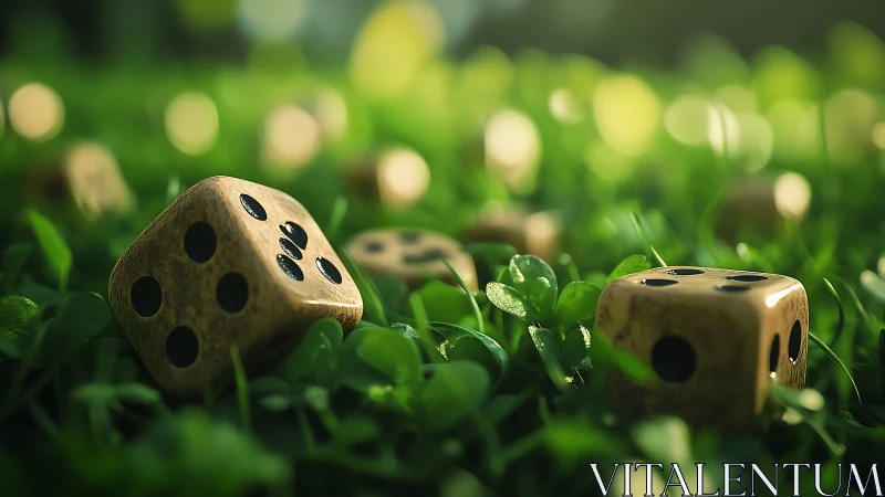 Wooden dice rest in lush green grass under soft sunlight