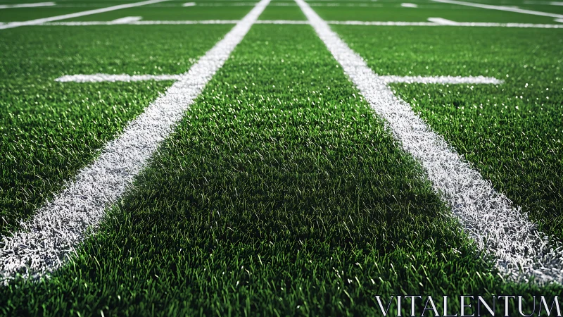 Sports turf field with crisp white yard lines perspective.
