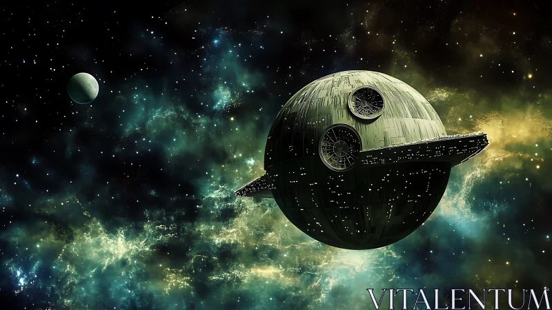 Spherical battle station model rendered in deep space scene