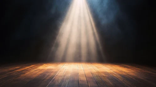 Empty wooden stage waits patiently beneath molten spotlight