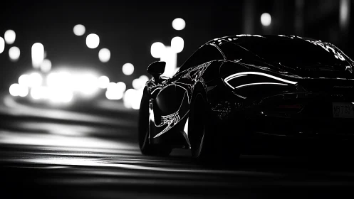Black sports car on city street at night in profile view.