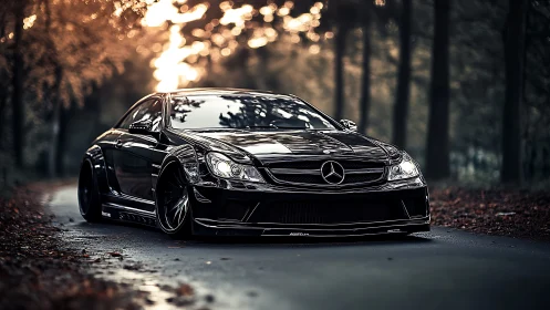 Black Mercedes coupe slices through moody autumn forest road.