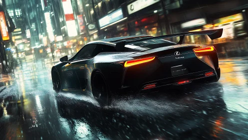 Lexus LFA rear-quarter sprint in neon-lit rain-soaked avenue.