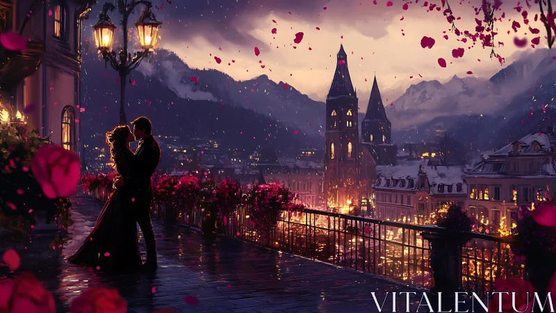 Romantic Alpine Castle Embrace at Twilight with Falling Rose Petals