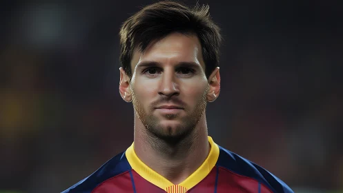 Football forward in red blue jersey under stadium lights.