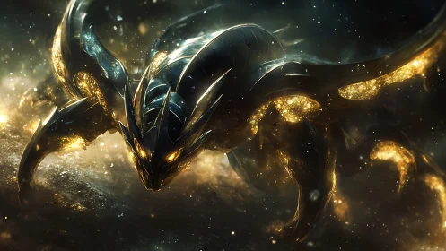 Starlit obsidian dragon surging through molten nebulae.