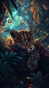 Dreamy jungle leopard resting beneath glowing butterflies.