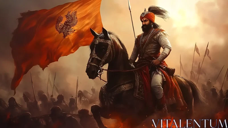 Armored cavalry commander rides through smoky battlefield with banner