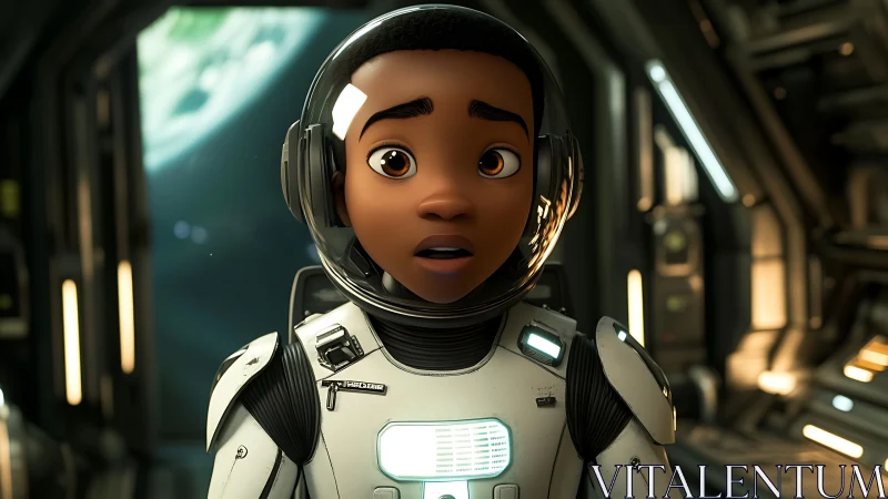 Young animated astronaut in shock on a space station