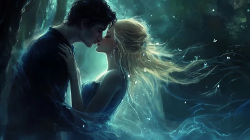 Luminescent Romance: Digital Rendering of Intimate Couple Embrace