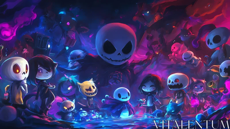 Glow-lit skeleton friends in a playful Halloween dreamscape.