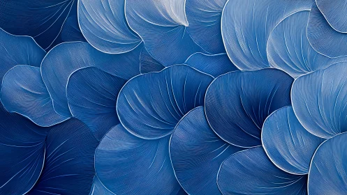 Layered blue leaf forms create dense abstract surface
