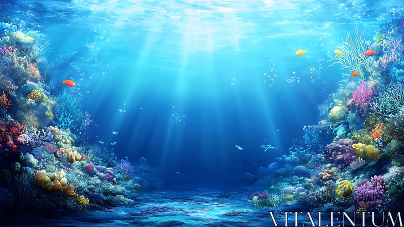 Radiant pelagic reef panorama under refracted caustic light.