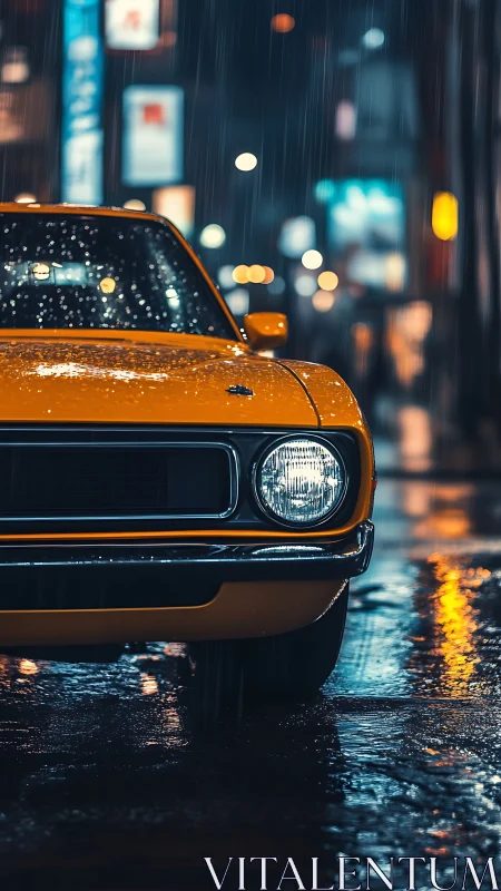 Golden classic car glowing softly in a rainy night street.