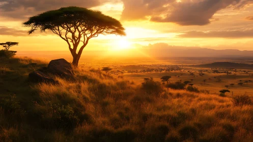 Sunlit acacia sentinel over honey-gold African savanna.