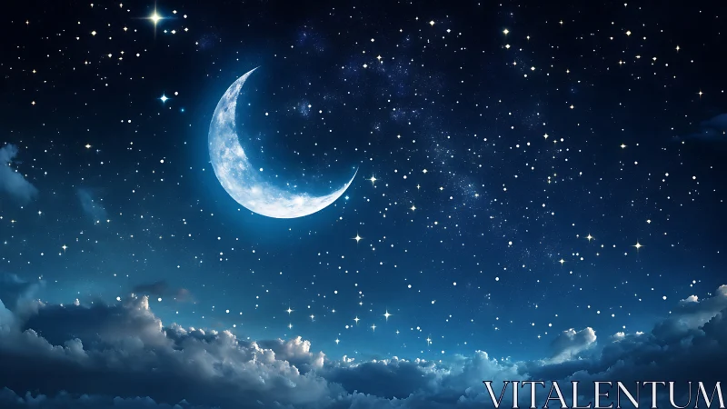 Crescent moon suspended over luminously rendered starfield