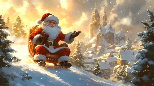 Santa sleds joyfully past a glowing snowy Christmas village.