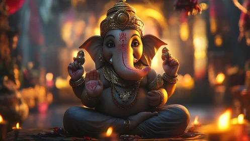 Ganesha idol in ornate gold adornment rendered in photorealistic light