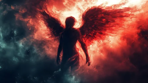 Fiery winged guardian rises boldly from swirling red clouds