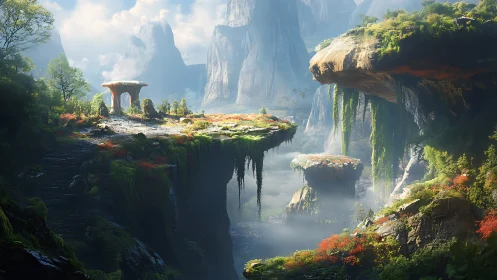 Ancient elevated forest terraces over misted canyon basin.