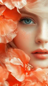 Soft coral blossoms gently frame a serene freckled face