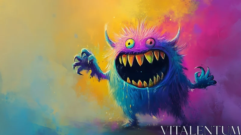Colorful furry monster character on vivid gradient background.