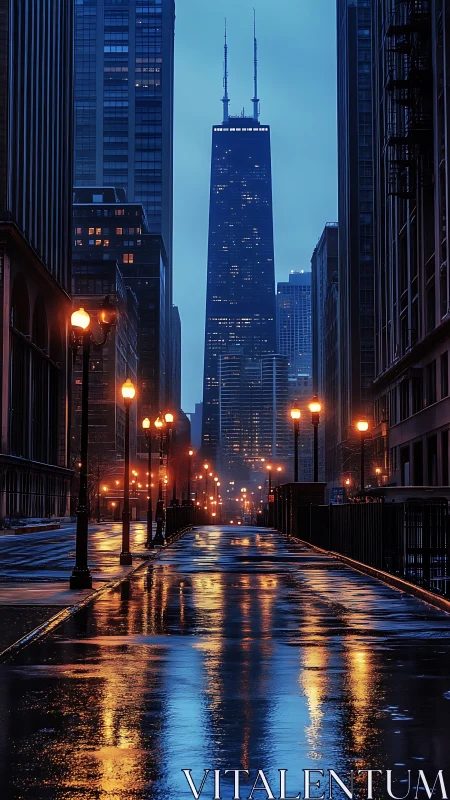 Rain-soaked city avenue mirrors glowing skyline at dusk