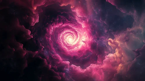 Radiant magenta nebula vortex forms luminous spiral core
